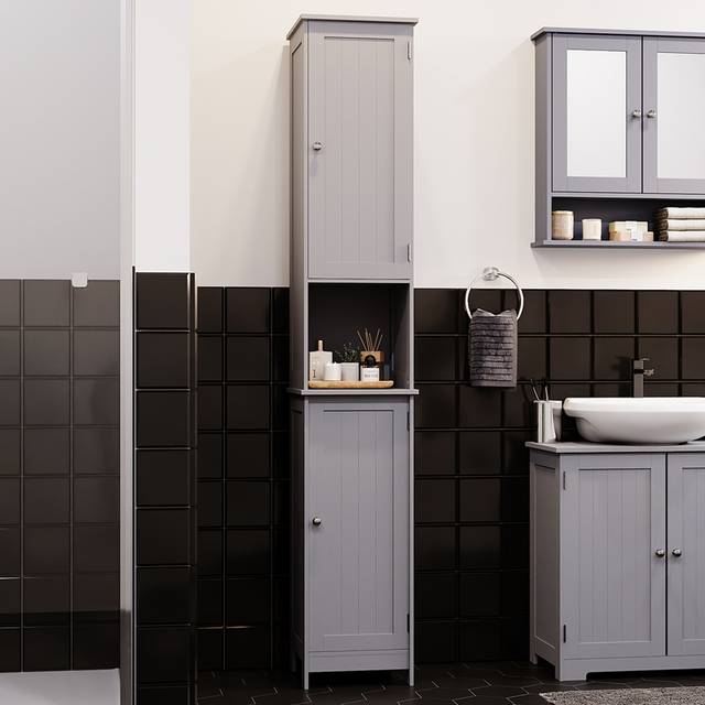 Bath Vida Priano 2 Door Single Shelf Grey Floor Standing Bathroom Cabinet - 170.6 x 30 x 30cm