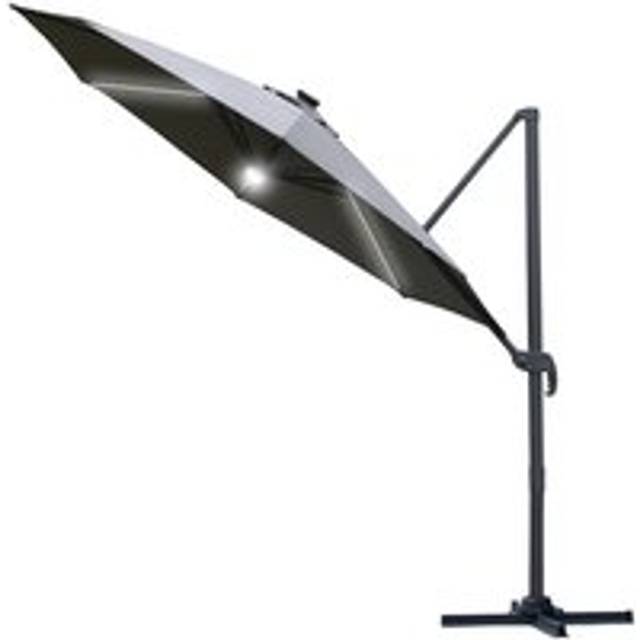Outsunny 3(M) Led Cantilever Parasol Outdoor Sun Umbrella With Base Solar Lights Grey