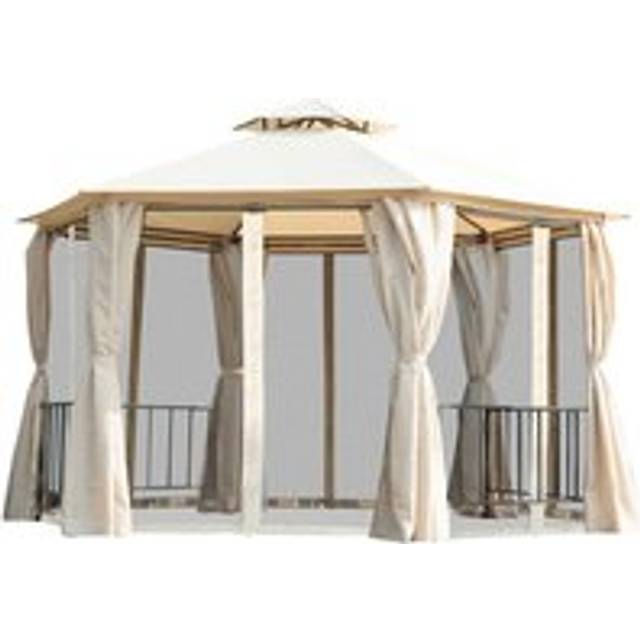 Outsunny 3 X 3M Hexagon Gazebo Patio Canopy Party Tent Outdoor Garden Shelter With 2 Tier Roof & Side Panel - Beige