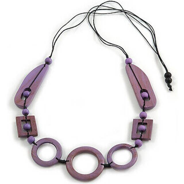 Long geometric lilac purple painted wood bead black cord necklace - 100cm max/