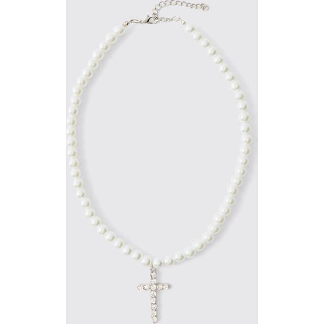Mens White Pearl Necklace with Cross