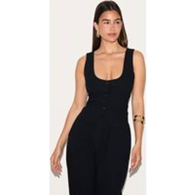 Black Linen Look Tailored Scoop Neck Fitted Waistcoat, Black - 6