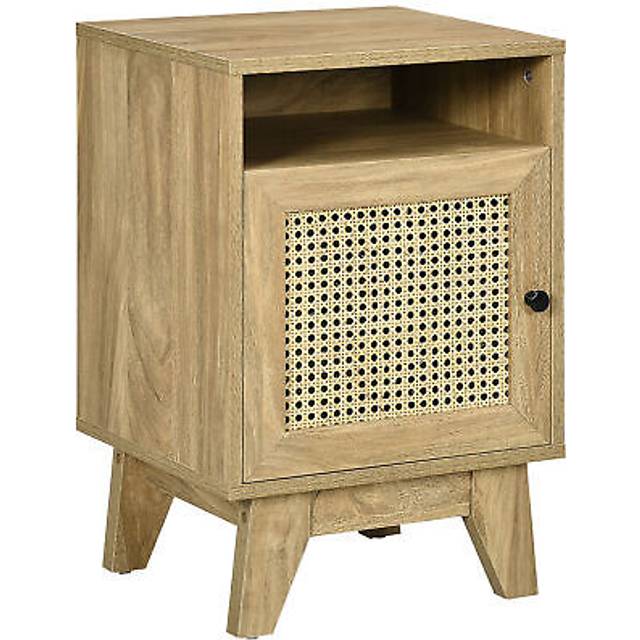 Homcom nightstand, rattan bedside table w/ cabinet, shelf, natural