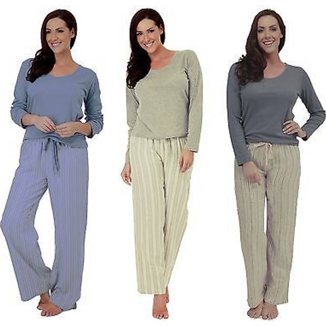 Ladies cotton rich long sleeve pyjama set with striped bottoms