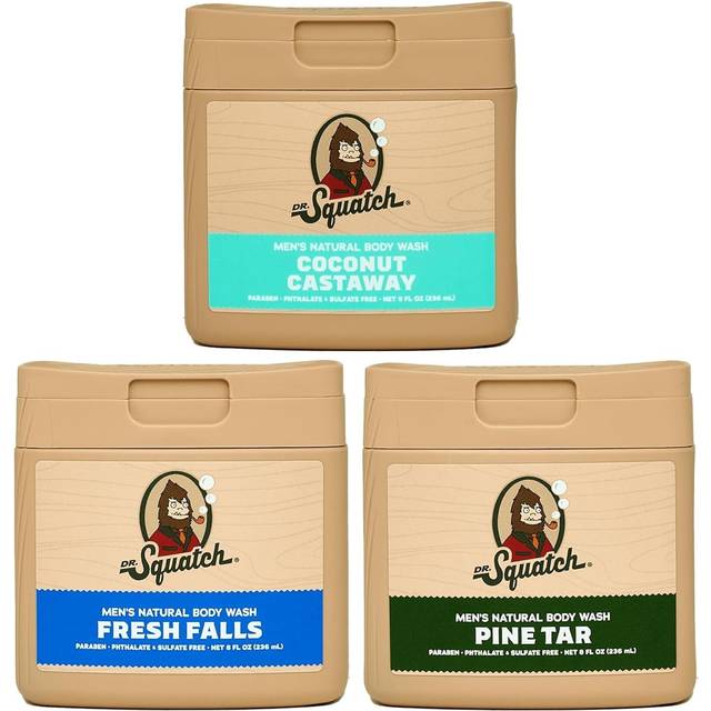 Dr. Squatch NEW Natural Body Wash for Men - Non-Exfoliating - Fresh Falls + Coconut Castaway + Pine Tar (8 oz  3 Pack)