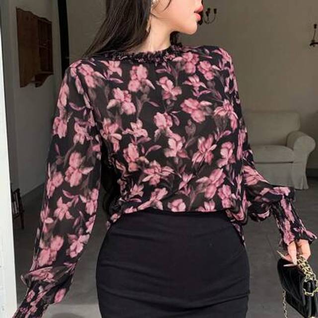 DAZY Vintage Ditsy Floral Chiffon Sheer Long Sleeve Blouse For Women, Summer