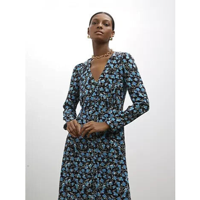 Finery london midi dress uk 16 torla button front black blue floral v neck