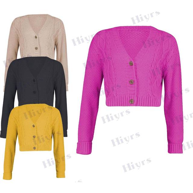 Womens chunky cable knitted cardigan 3 button long sleeves short crop top 8-22