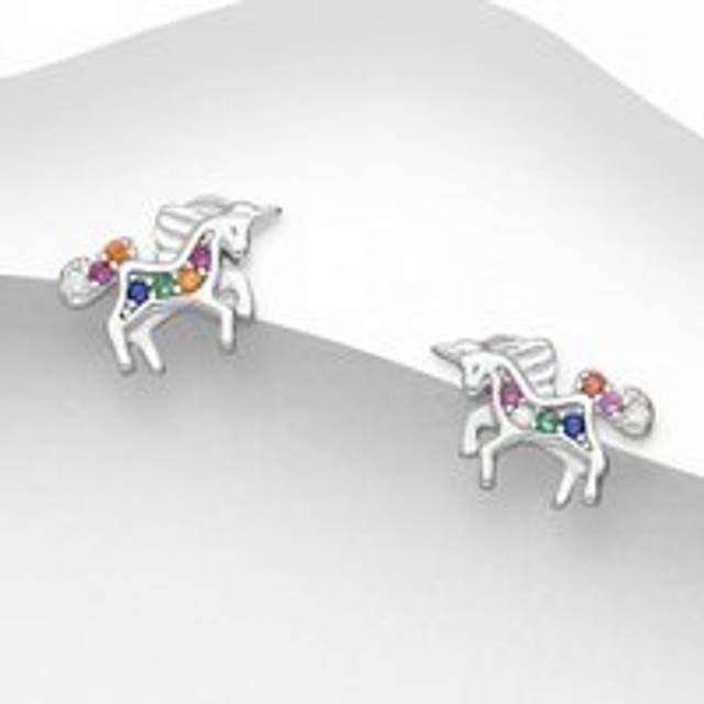 John Greed Signature Silver CZ Colourful Unicorn Stud Earrings For Women - silver