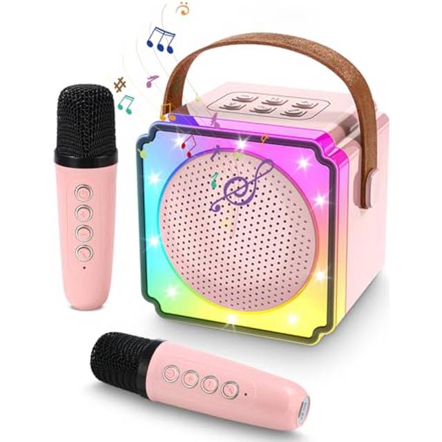 Karaoke maskin barn med 2 karaoke mikrofon barn, bärbar karaokemaskin med LED-ljus och röstförändringseffekter, presenter för ålder 5–12 barn, pojkar, flickor