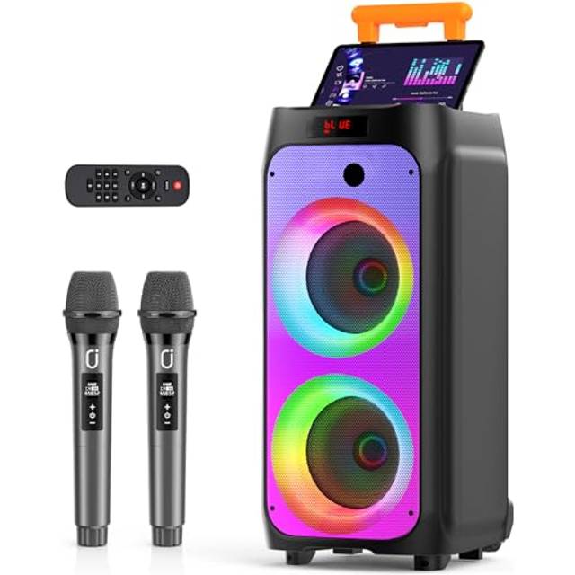 JYX Karaoke Machine with 2 Wireless Microphones for Adults, Portable Bluetooth Speaker with Wheels and Disco Lights, Big Subwoofer PA System, Party Karaoke Speaker Support TWS/USB/TF Card/AUX/REC
