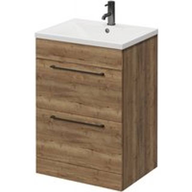 Napoli Floor Standing Vanity Unit with 1 Tap Hole Basin and 2 Drawers with Gunmetal Grey Handles | Tobacco Oak | MDF | 600mm