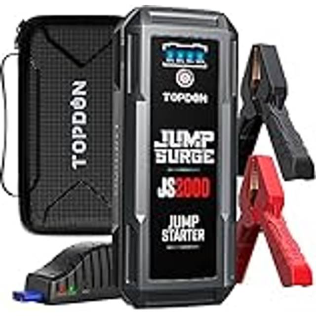 TOPDON starthjälp powerbank, JS2000 startbatteri 2 000 A bilbooster power pack för upp till 8 l bensin- och 6 l dieselmotorer, biljump start med startkabel/Eva-väska/inbyggd LED, 16 000 mAh