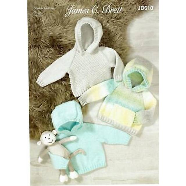 James brett double knit knitting pattern plain or textured hoodie baby dk jb610