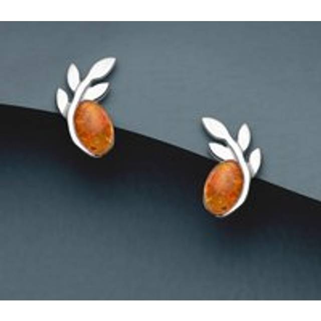 John Greed Tempest Wald Silver Baltic Amber Leaf Stud Earrings For Women - silver