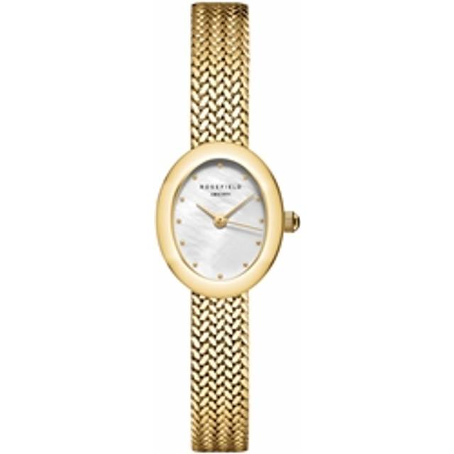 Rosefield Mini's Oval Watch with a Silver Sunray Dial Gold IP Mesh, Gold, Women