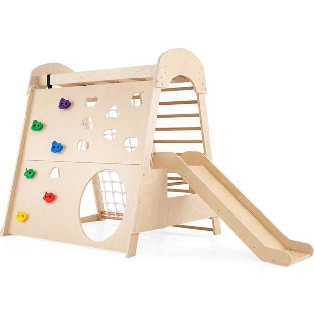 8-in-1 Indoor Jungle Gym Wooden Playground with Climbing Wall-Natural