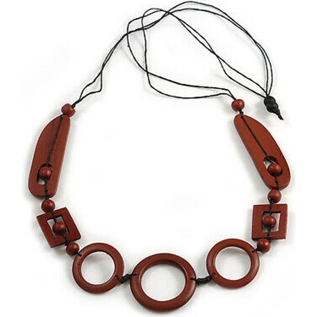 Long geometric brown painted wood bead black cord necklace - 100cm max/