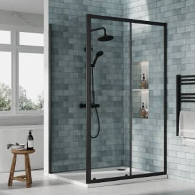 Nuie Matt Black Sliding Door Side Panel Tray & Waste Shower Enclosure Package - 1200 x 900mm