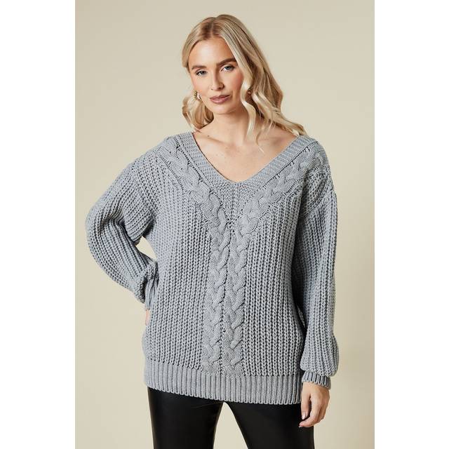 Womens Cable Front V Neck Slouchy Jumper - Grey Marl