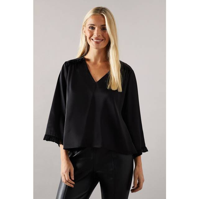 Womens Petite Satin Flute Sleeve Frill Detail Blouse - Black - 8