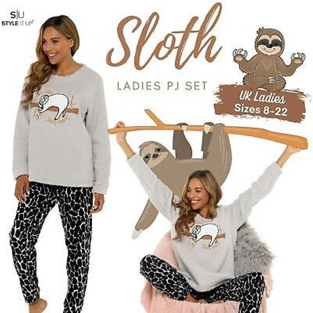 Womens ladies sloth cosy animal embroidery nightie soft nightwear pj set pyjama