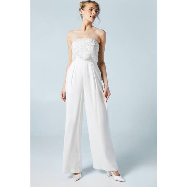 Premium Crepe Scallop Pearl Detail Bridal Jumpsuit - Ivory - 14