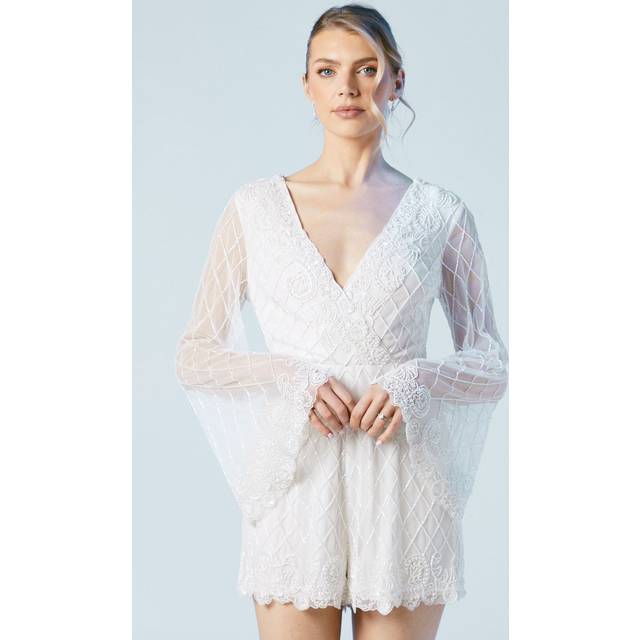 Tie Back Scallop Edge Embellished Bridal Playsuit - Ivory - 14