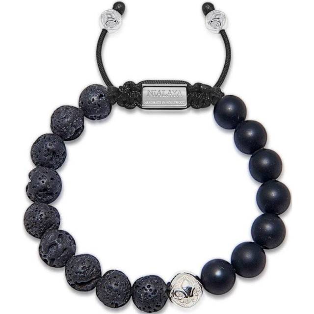 Nialaya Jewelry - beaded bracelet - men - stainless steel/Onyx/Lava Rock - L - Black