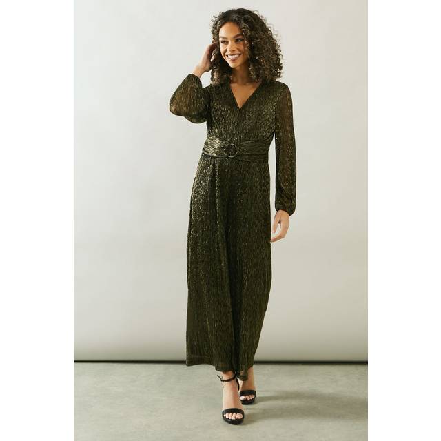 Womens Petite Occasion Plisse Ring Jumpsuit - Gold - 12