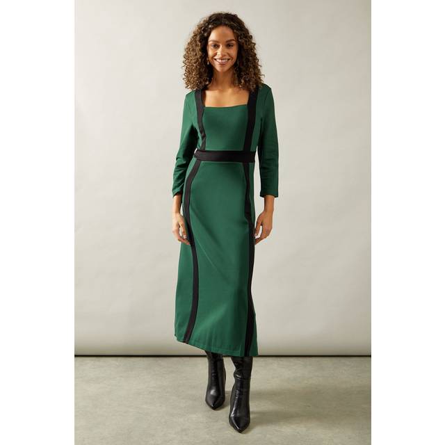 Womens Ponte Contrast Button Midi Dress - Forest - 10
