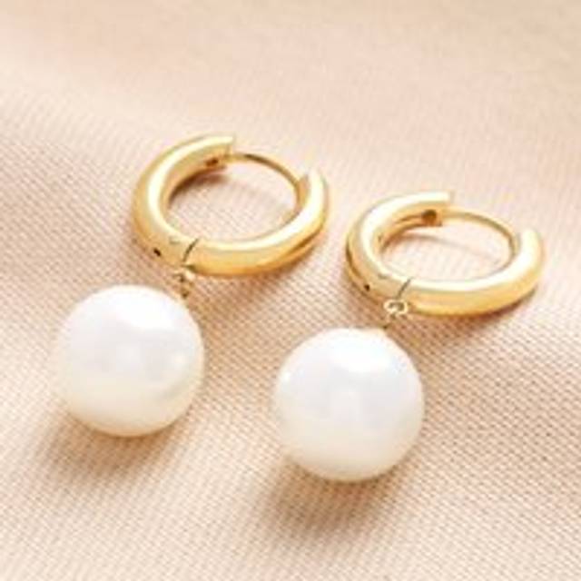 Stainless Steel Large Pearl Drop Huggie Hoop Earrings In Gold - gold/cream - one size