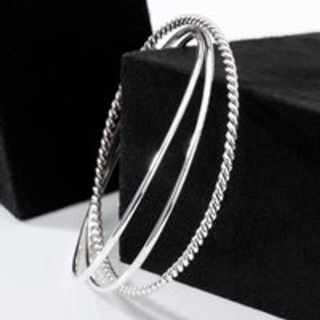 John Greed Signature Silver Plain & Twisted Triple Bangle For Women - silver