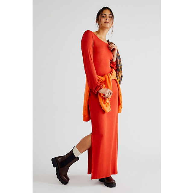 Free people luna midi open back dress, terra red, large, rrp $88