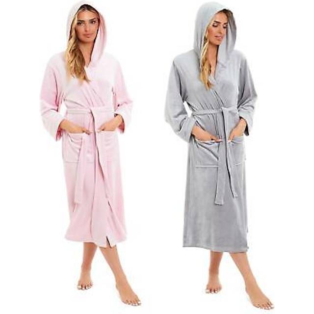 Womens hooded velour robe dressing gown stretch-velour belted bath robes