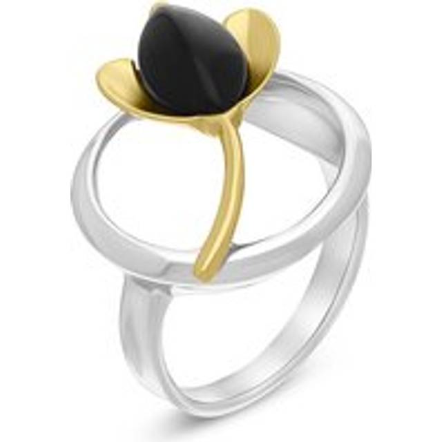 18ct Yellow Gold Plated Sterling Silver Whitby Jet Open Circle Leaf Ring