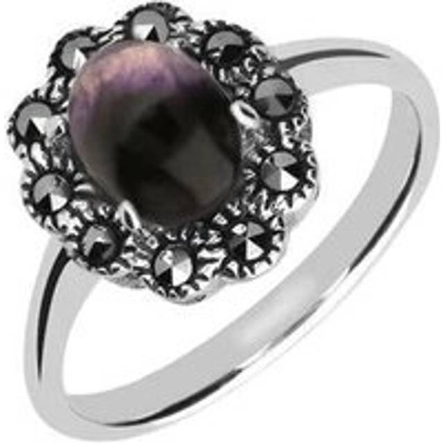 Sterling Silver Blue John Marcasite Oval Flower Ring - Silver