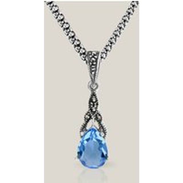 John Greed Signature Silver Marcasite & Blue Topaz CZ Drop Necklace For Women - blue/silver