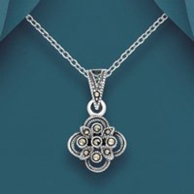 John Greed Signature Silver Marcasite Clover Necklace For Women - silver