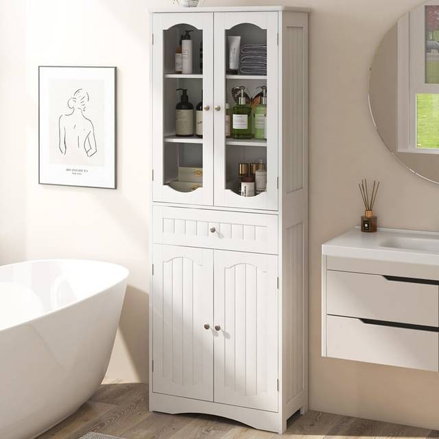 Costway 160cm Freestanding Linen Tall Bathroom Storage Cabinet with 2 Glass Doors-White, White