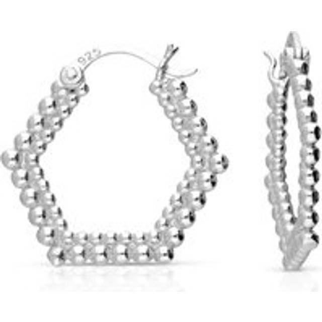 John Greed Signature Silver Flat Bead Pentagon Hoop Earrings For Women - silver