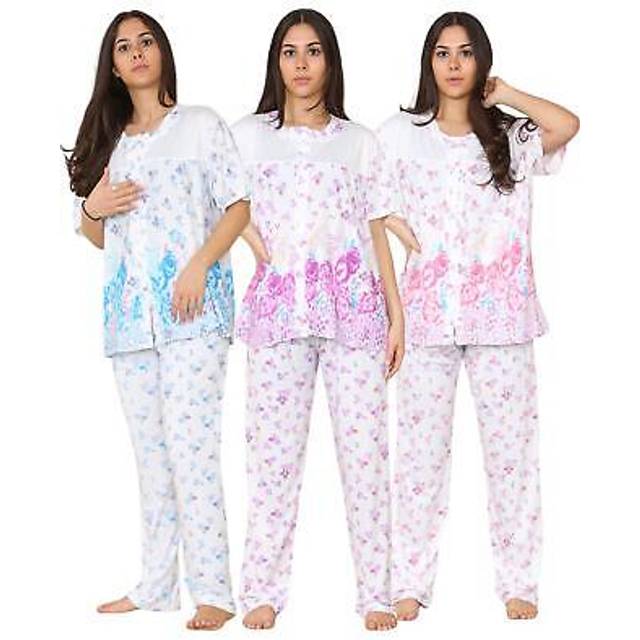(Blue, L) Ladies Pyjama Set Short Sleeve Buttons Through Floral Soft Nightwear loungewear