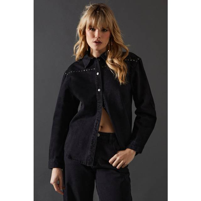 Womens Denim Stud Yoke Oversized Shirt - Black - 6