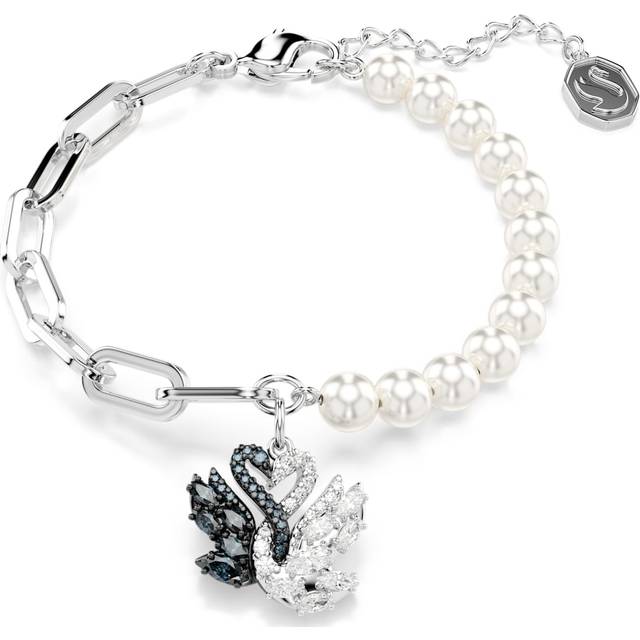 Swan bracelet, Crystal pearl, Swan, Black, Mixed metal finish