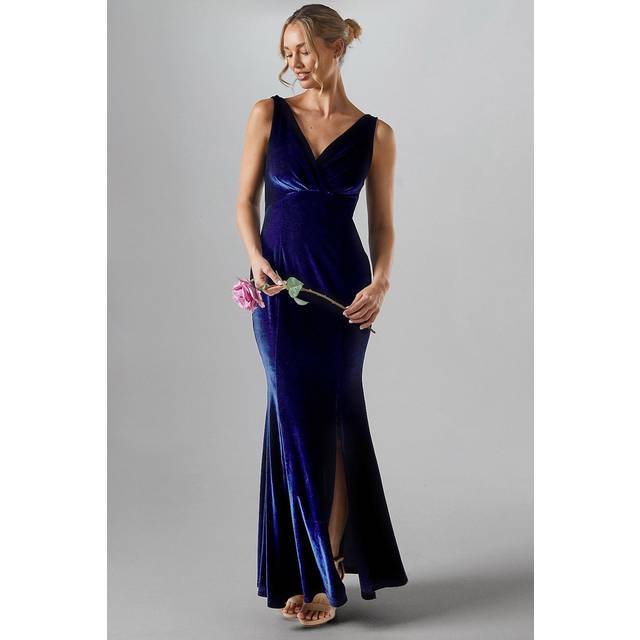 V Neck Tie Back Velvet Bridesmaid Maxi Dress - Navy - 14