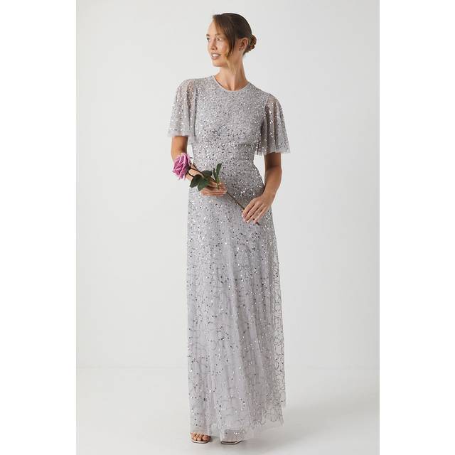 Angel Sleeve Allover Embellished Bridesmaid Dress - Silver - 8