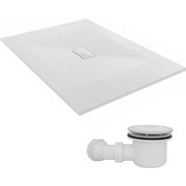 1400 x 1000mm smc White Rectangle Slate Effect Bathroom Shower Tray & Fluidmaster Fast Flow Waste Trap - NRG