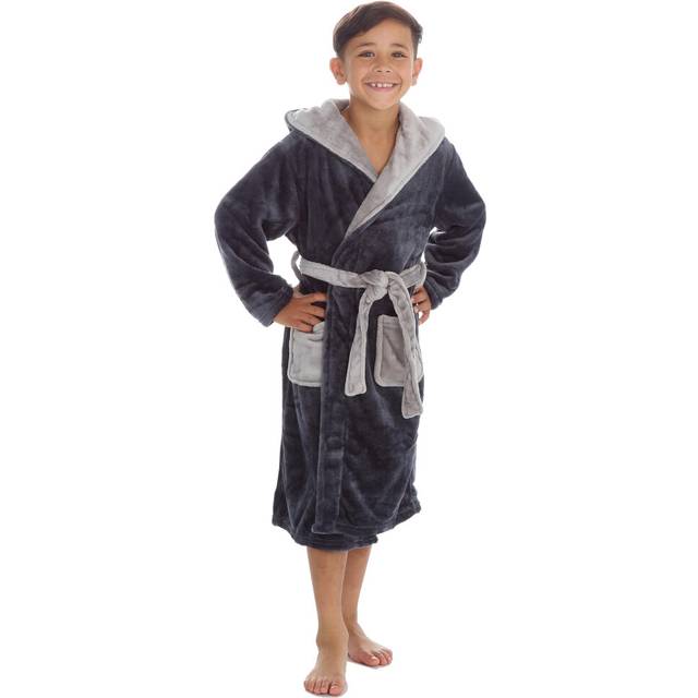 Sale kids boys hooded bathrobe plush fleece solid grey dressing gown robe 7-13 y