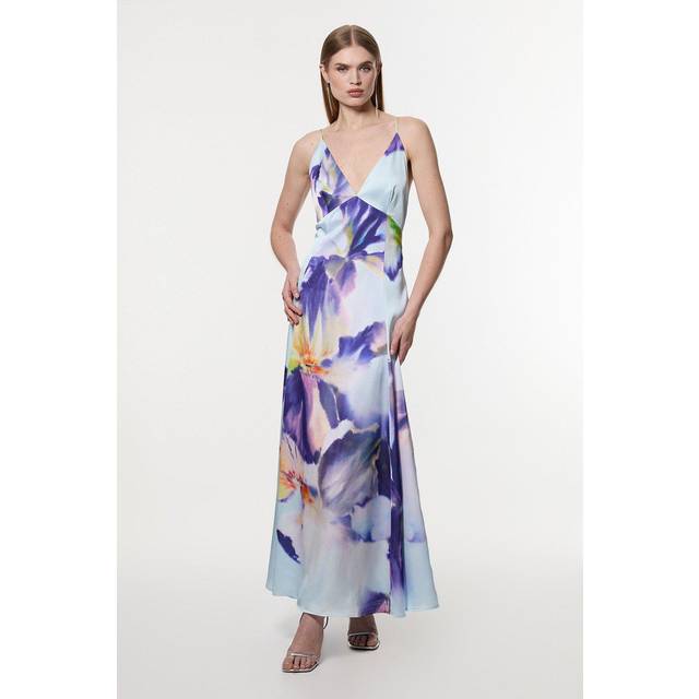 Hammered Satin Deep V Strappy Woven Maxi Dress - Floral