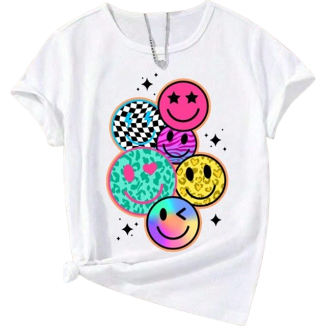 SHEIN Tween Girl Cool Graffiti Pattern T-Shirt With Smiling Faces, Street Style